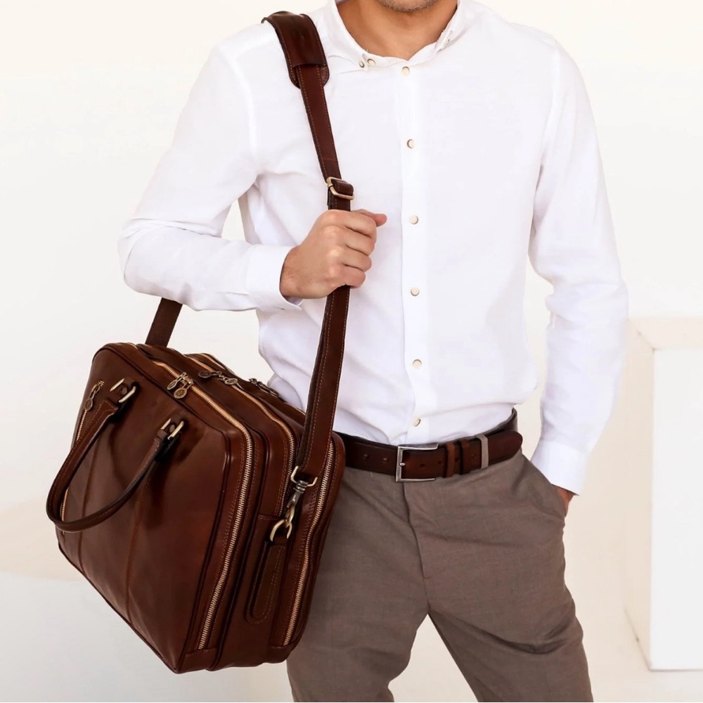 Time Resistance Leather Convertible Briefcase Laptop Backpack Brown Men's Bag
